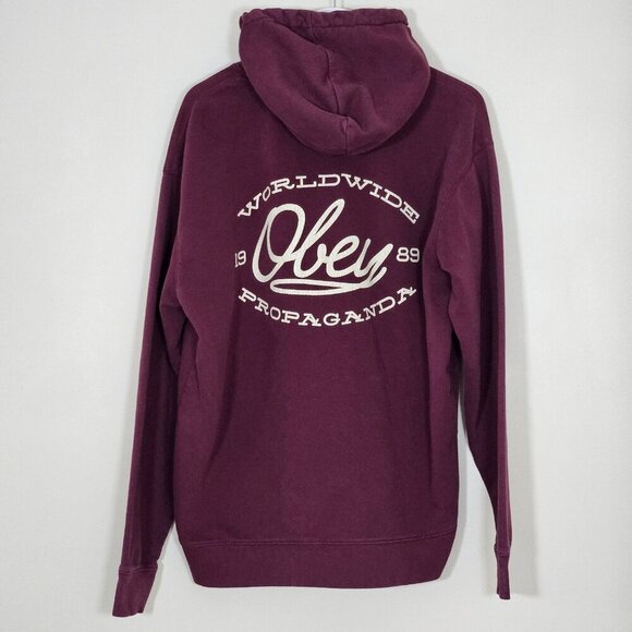 Obey Hoodie Mens L Burgundy Worldwide Propganda LS Fleece Skate Streetwear Punk - Picture 16 of 16